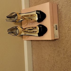 BCBG Patent leather/gold heeled sandal